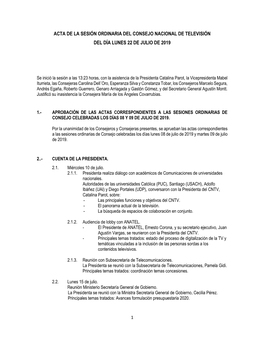 Acta De La Sesión Ordinaria Del Consejo Nacional De Televisión Del Día Lunes 22 De Julio De 2019