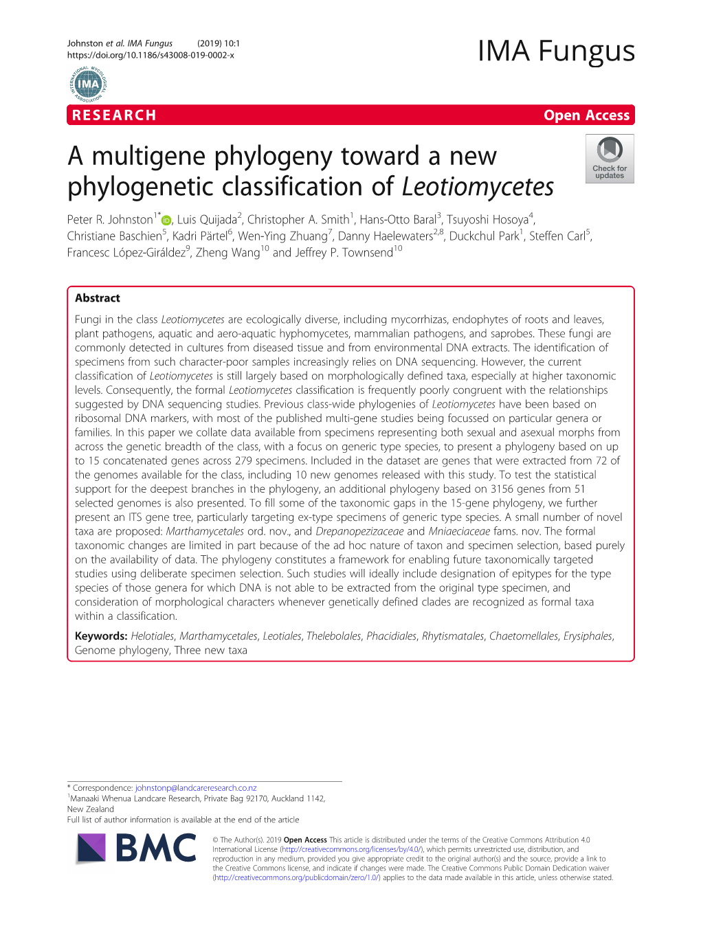 A Multigene Phylogeny Toward a New Phylogenetic Classification of Leotiomycetes Peter R