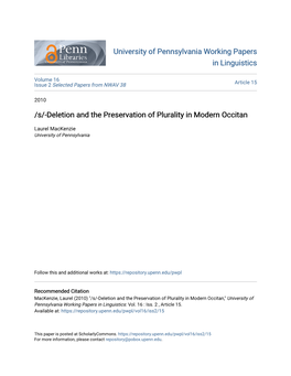 S/-Deletion and the Preservation of Plurality in Modern Occitan