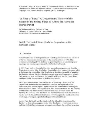 “A Rope of Sand:” a Documentary History of the Failure of the United States to Annex the Hawaiian Islands Part II