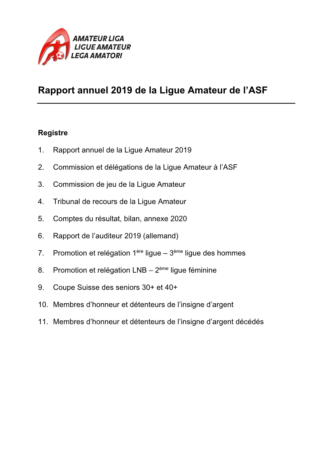 Rapport Annuel 2019 De La Ligue Amateur De L'asf