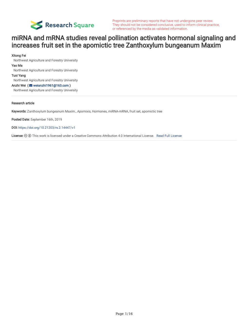 Mirna and Mrna Studies Reveal Pollination Activates Hormonal Signaling and Increases Fruit Set in the Apomictic Tree Zanthoxylum Bungeanum Maxim