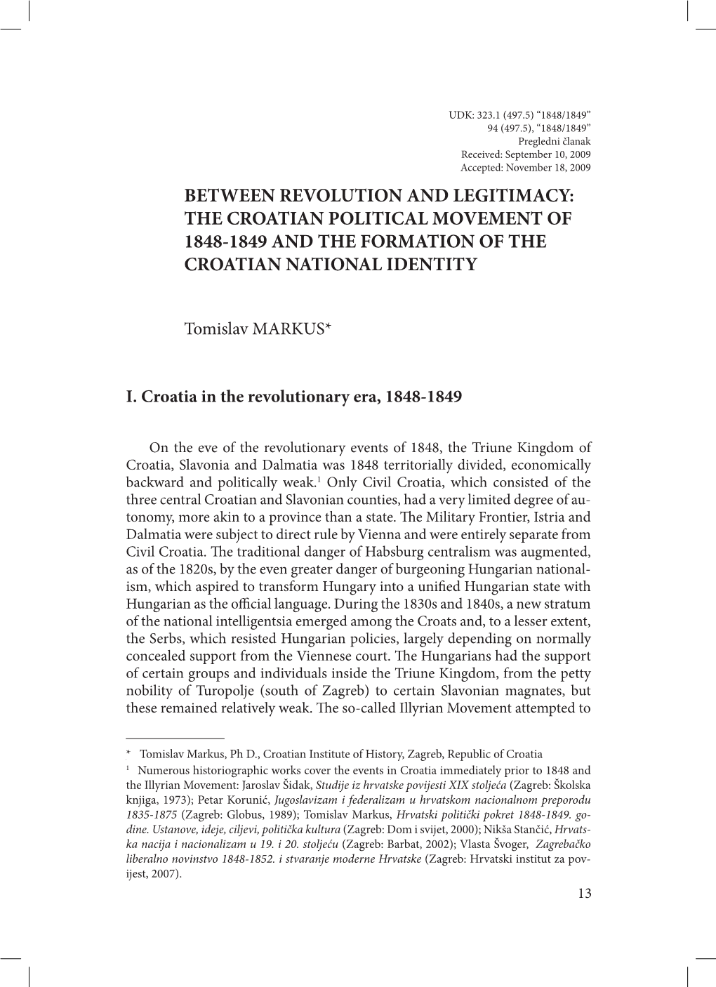 The Croatian Political Movement of 1848-1849 and the Formation of the Croatian National Identity