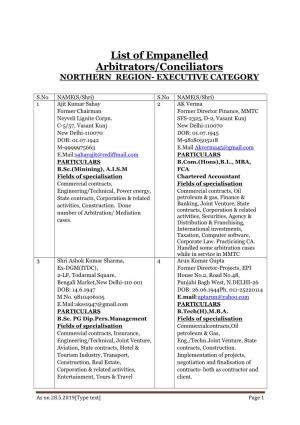 List of Empanelled Arbitrators/Conciliators NORTHERN REGION- EXECUTIVE CATEGORY