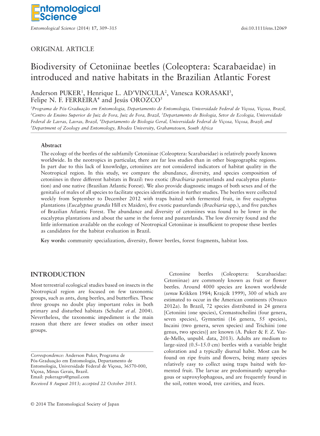 Biodiversity of Cetoniinae Beetles (Coleoptera: Scarabaeidae) in Introduced and Native Habitats in the Brazilian Atlantic Forest