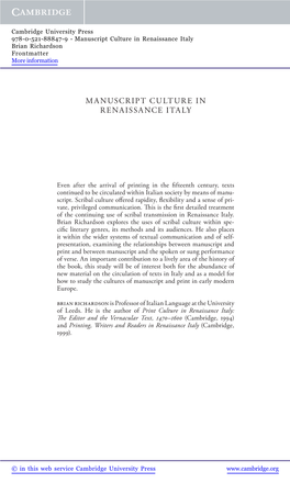 Manuscript Culture in Renaissance Italy Brian Richardson Frontmatter More Information