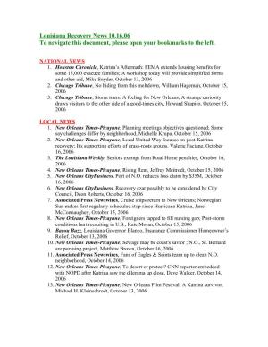 Louisiana Recovery News 10.16.06 to Navigate This Document, Please Open Your Bookmarks to the Left