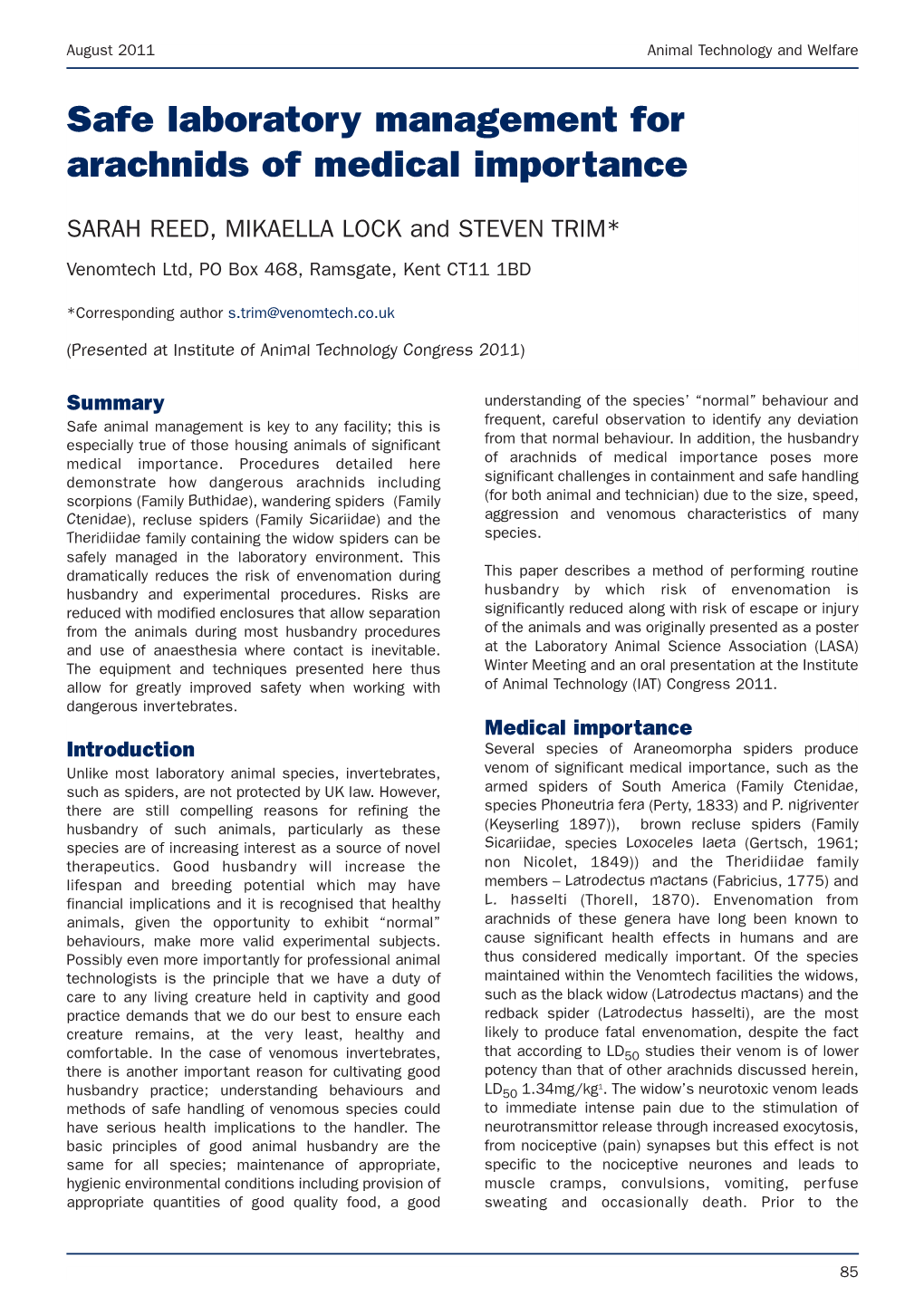 Safe Laboratory Management for Arachnids of Medical Importance