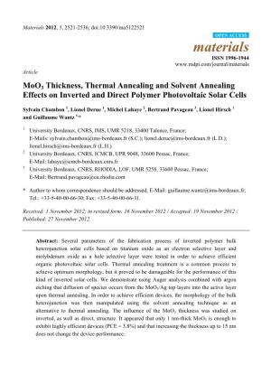 Moo3 Thickness, Thermal Annealing and Solvent Annealing Effects on Inverted and Direct Polymer Photovoltaic Solar Cells