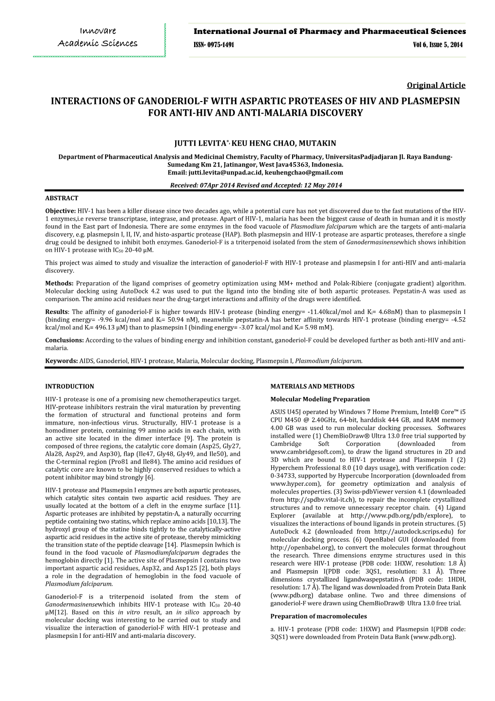 Interactions of Ganoderiol-F with Aspartic Proteases of Hiv and Plasmepsin for Anti-Hiv and Anti-Malaria Discovery