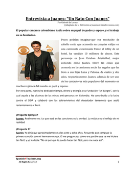 Entrevista a Juanes: “Un Rato Con Juanes” Por Gabriel De Lerma (Adaptado De La Entrevista a Juanes De Rdselecciones.Com)