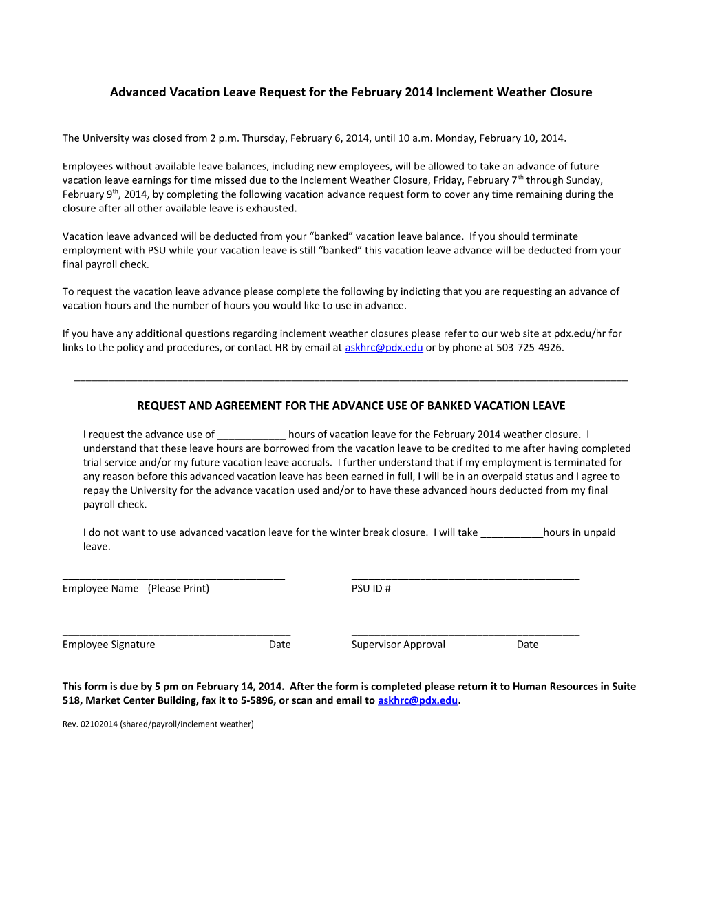 Advanced Vacation Leave Request for the February 2014 Inclement Weather Closure