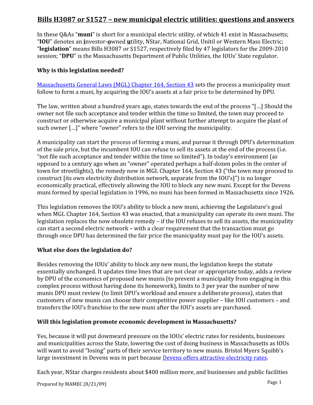 Bills H3087 Or S1527 New Municipal Electric Utilities: Questions and Answers