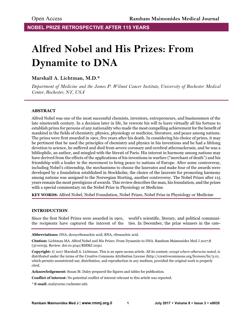 Alfred Nobel and His Prizes: from Dynamite to DNA