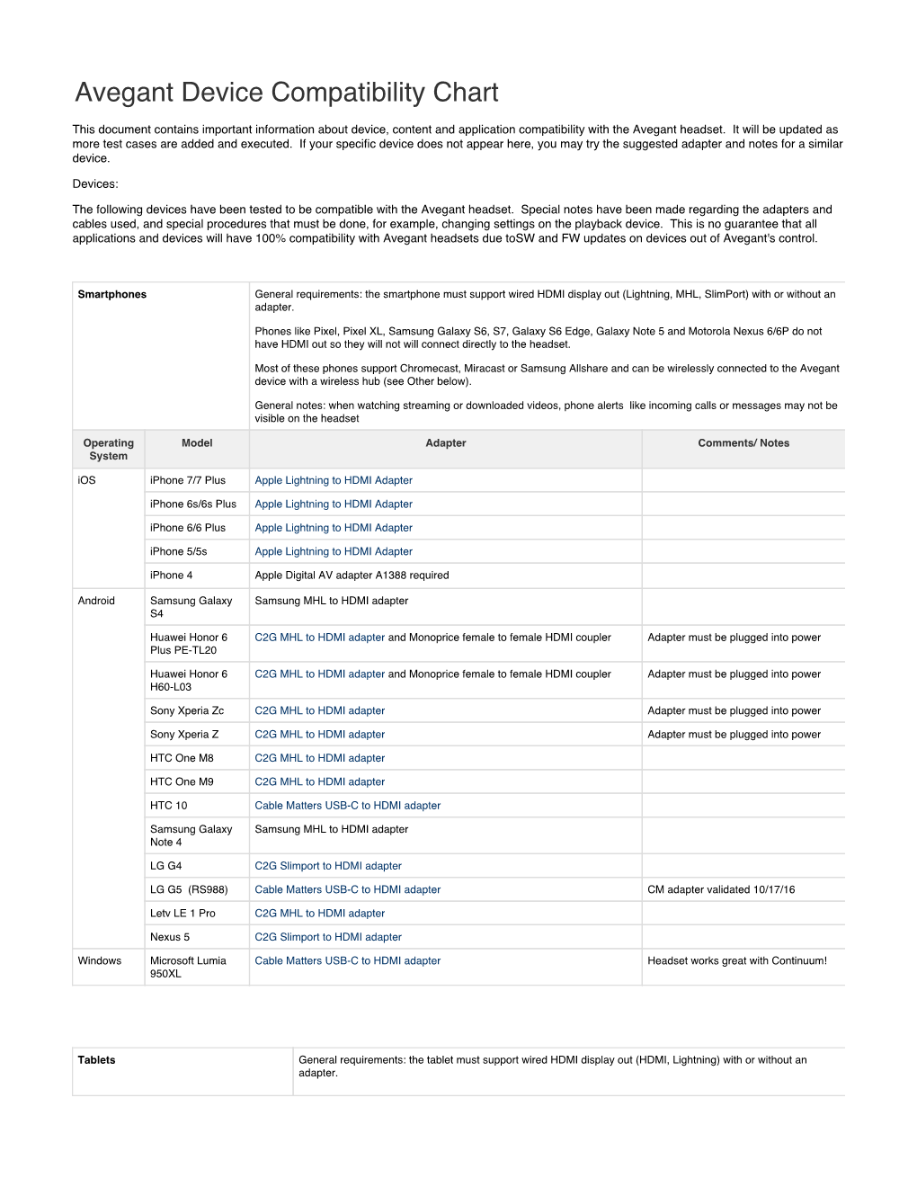 Avegant Device Compatibility Chart