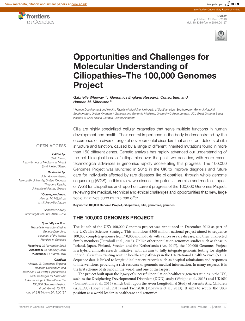 Opportunities and Challenges for Molecular Understanding of Ciliopathies–The 100,000 Genomes Project