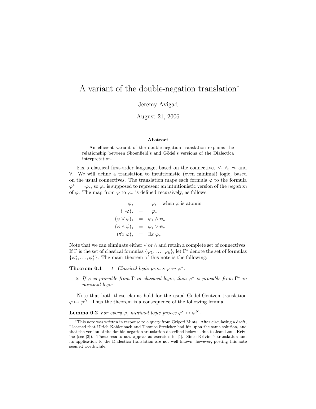 A Variant of the Double-Negation Translation∗