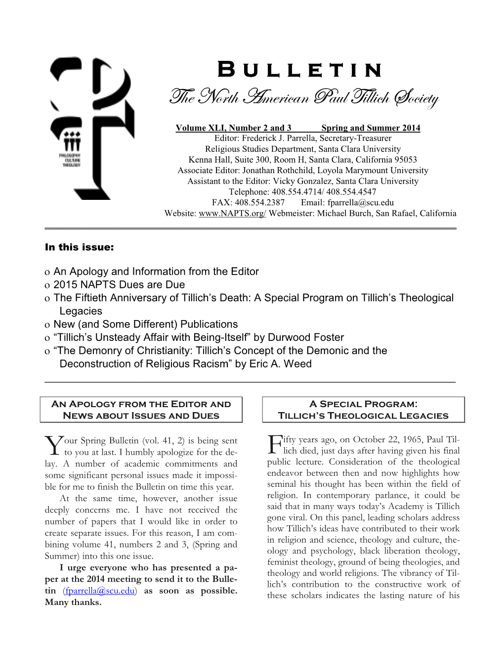 Bulletin the North American Paul Tillich Society