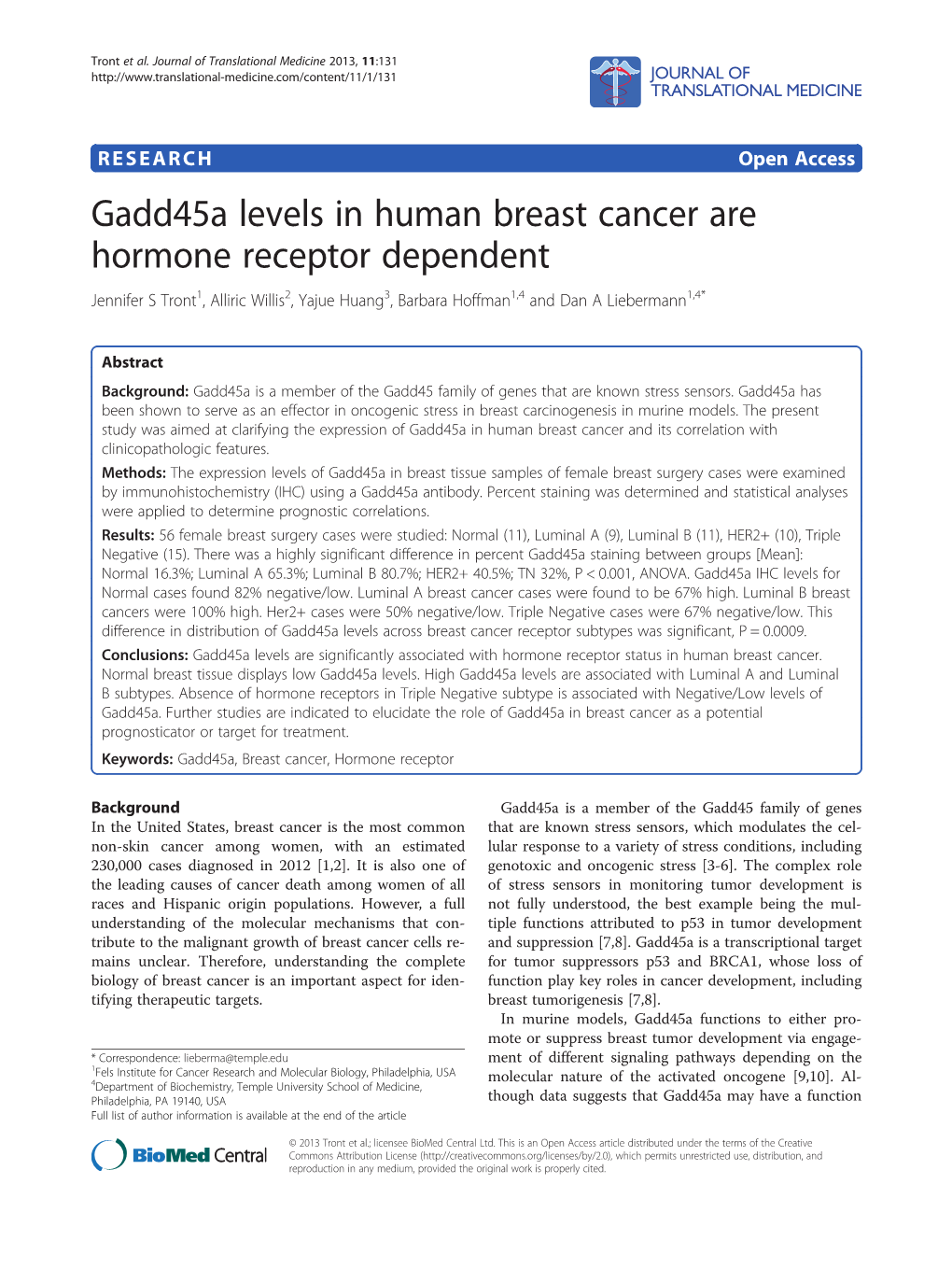 Gadd45a Levels in Human Breast Cancer Are Hormone Receptor Dependent Jennifer S Tront1, Alliric Willis2, Yajue Huang3, Barbara Hoffman1,4 and Dan a Liebermann1,4*