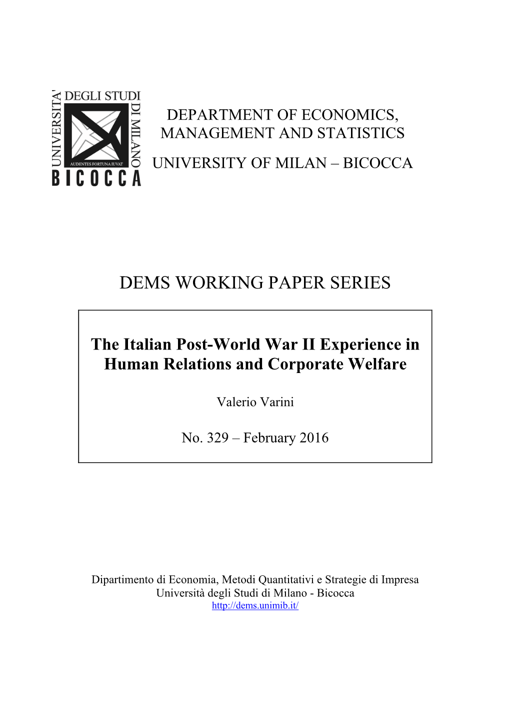 The Italian Post-World War II Experience in Human Relations and Corporate Welfare