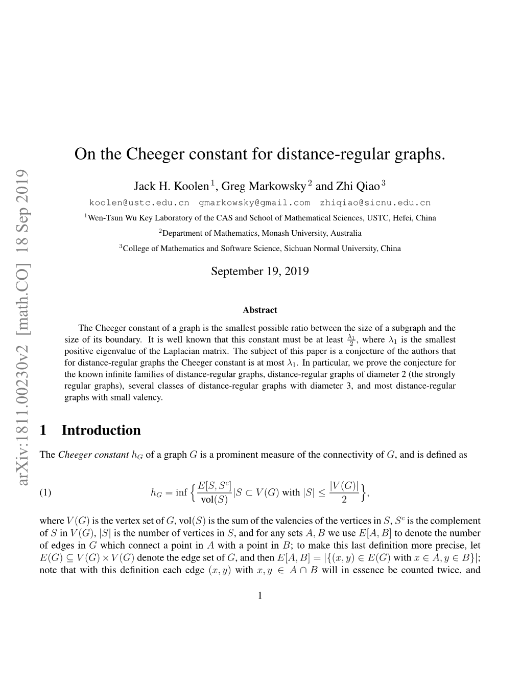 On the Cheeger Constant for Distance-Regular Graphs. Arxiv:1811.00230V2