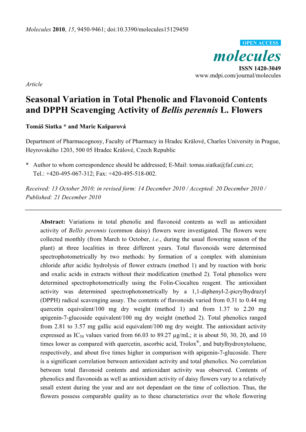 Seasonal Variation in Total Phenolic and Flavonoid Contents and DPPH Scavenging Activity of Bellis Perennis L