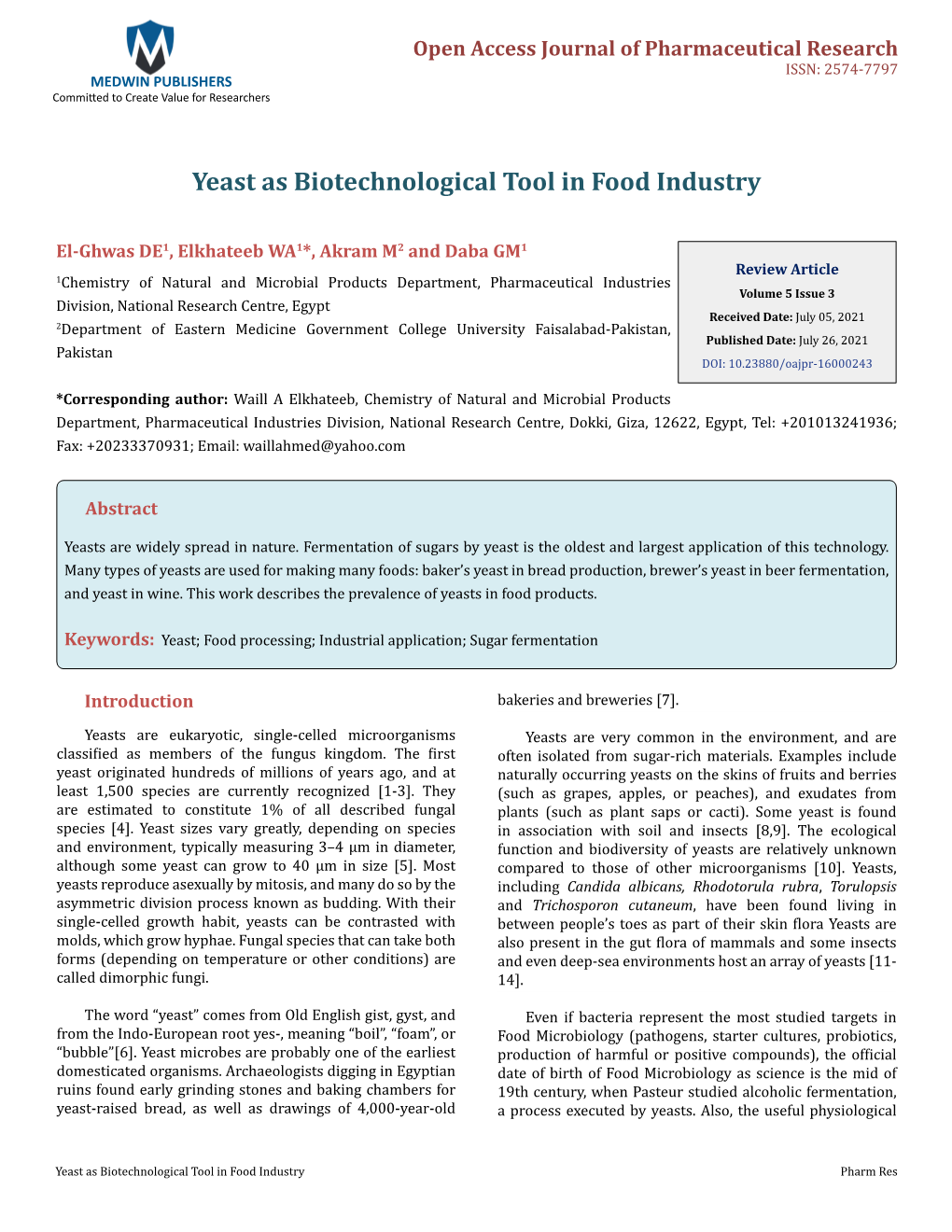 Yeast As Biotechnological Tool in Food Industry