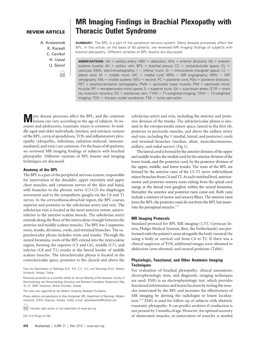 MR Imaging Findings in Brachial Plexopathy with Thoracic Outlet