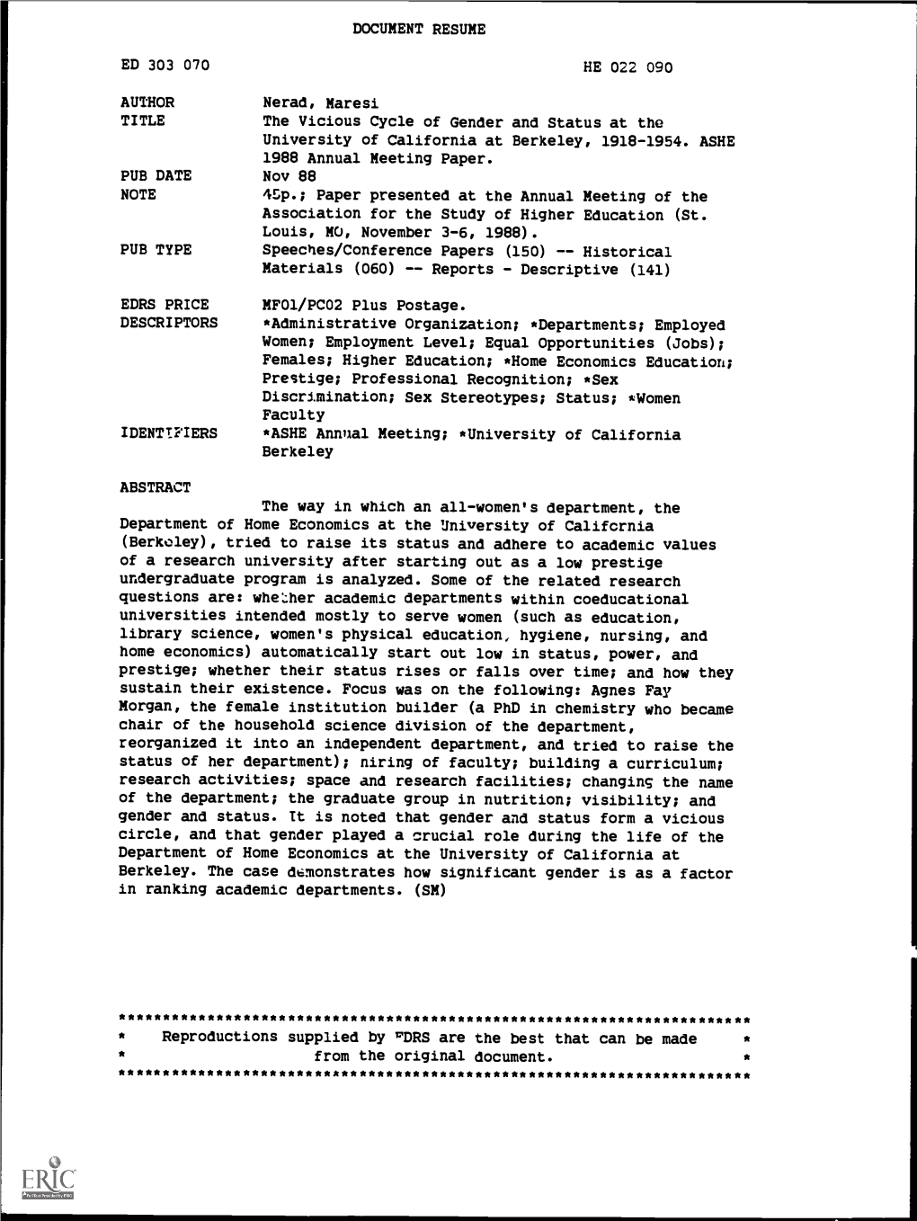 The Vicious Cycle of Gender and Status at the University of California at Berkeley, 1918-1954