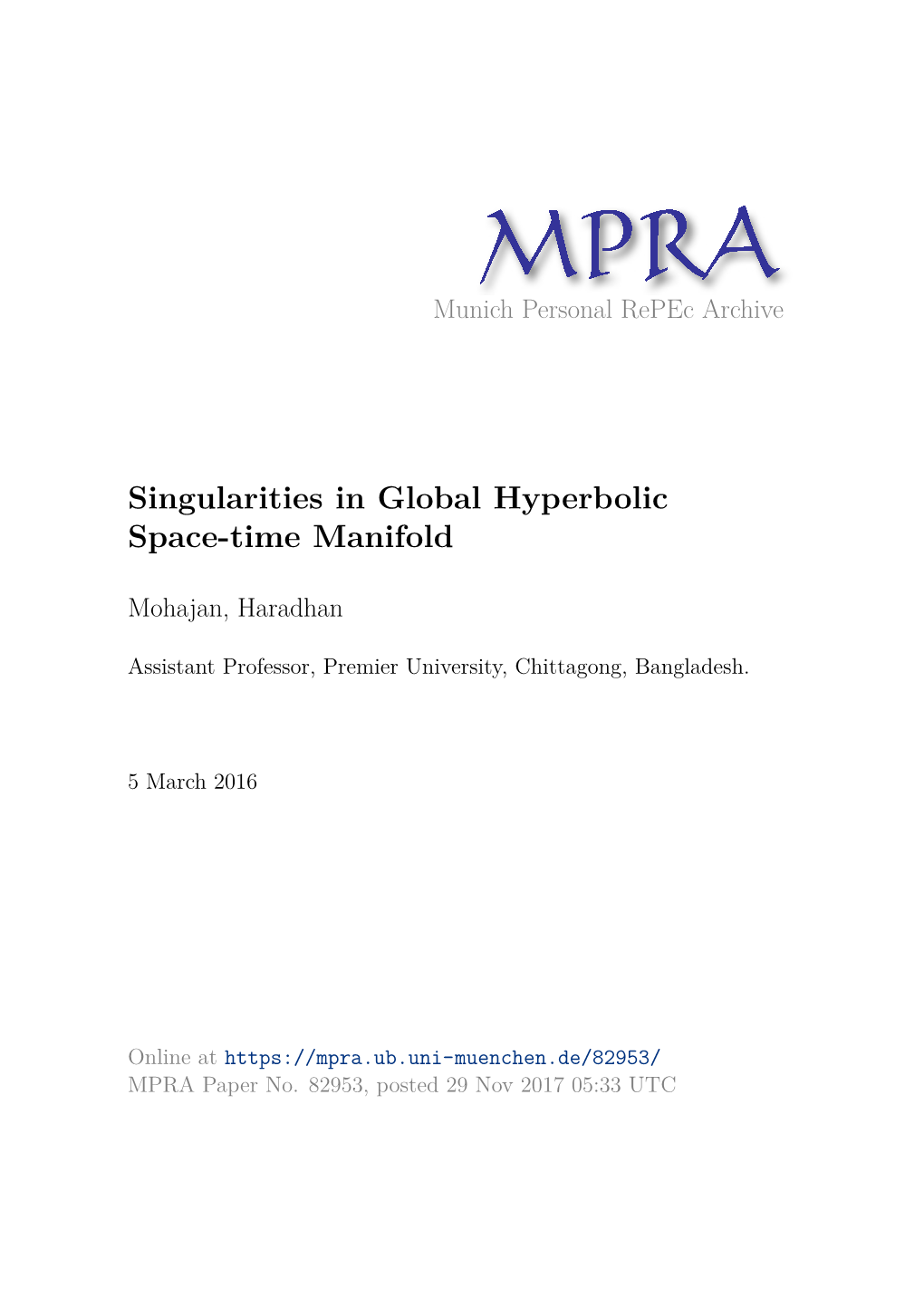 Singularities in Global Hyperbolic Space-Time Manifold