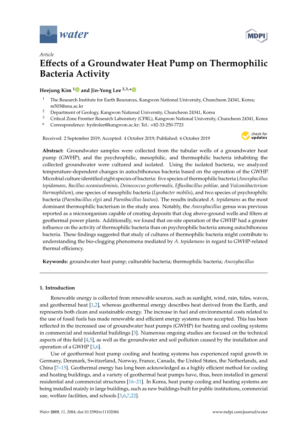 Effects of a Groundwater Heat Pump on Thermophilic Bacteria Activity