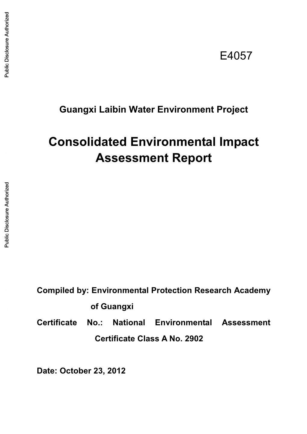 Guangxi Laibin Water Environment Project Consolidated Environmental Impact Assessment Report