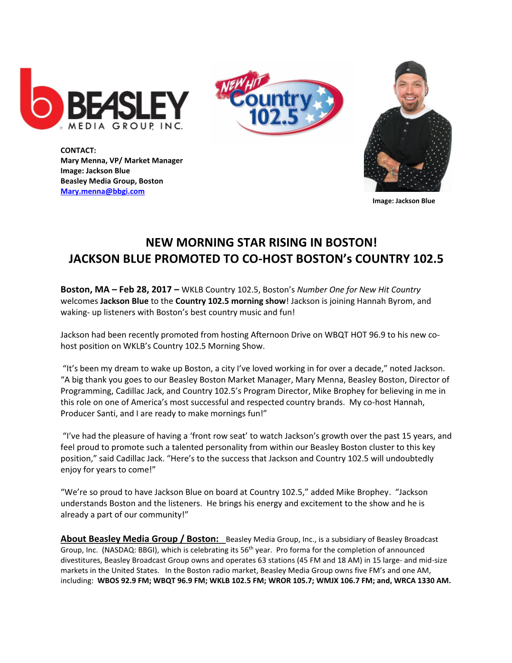 JACKSON BLUE PROMOTED to CO-HOST BOSTON's COUNTRY