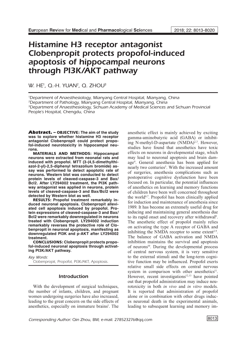 Clobenpropit Protects Propofol-Induced Neuronal Apoptosis