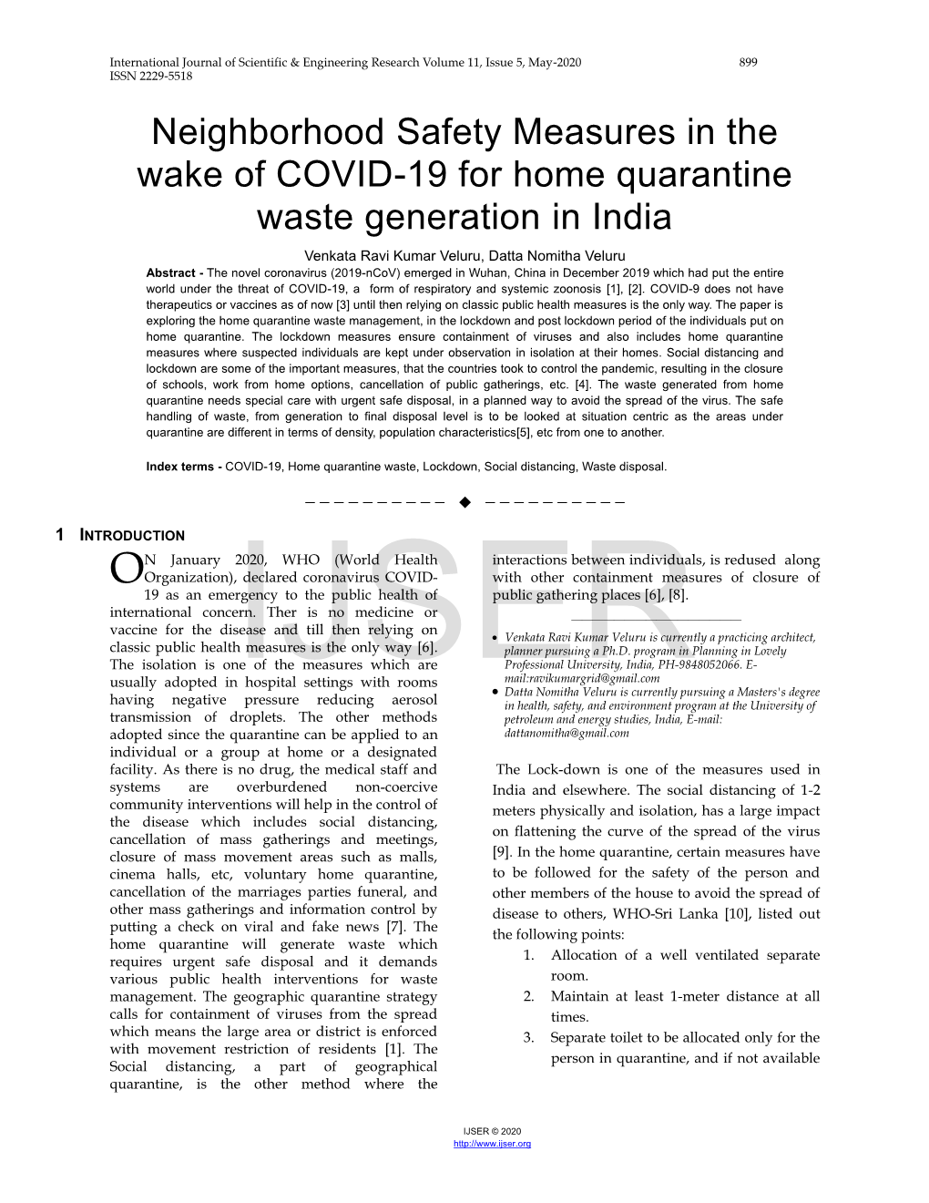 Neighborhood Safety Measures in the Wake of COVID-19 for Home Quarantine Waste Generation in India