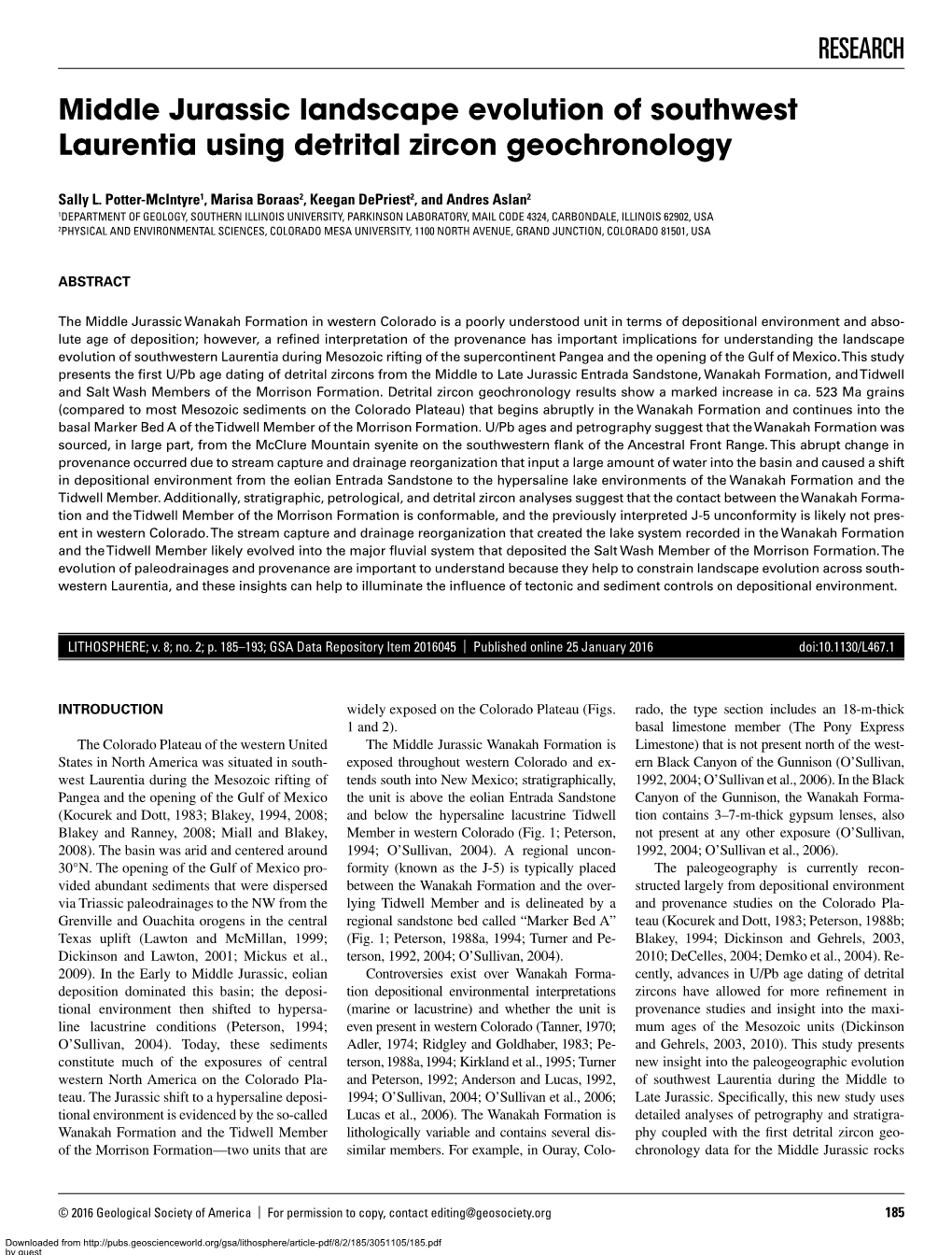 Middle Jurassic Landscape Evolution of Southwest Laurentia Using Detrital Zircon Geochronology