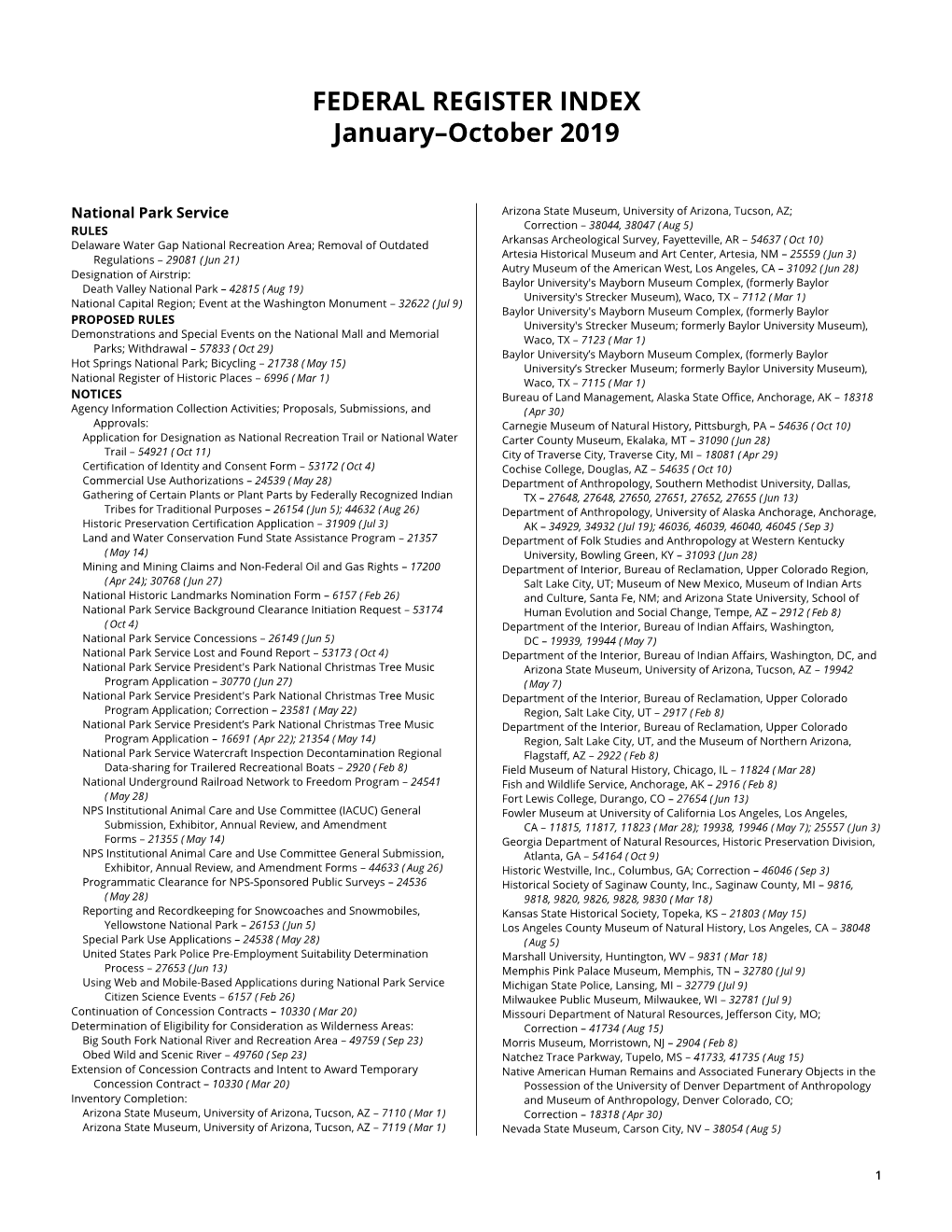 FEDERAL REGISTER INDEX January–October 2019