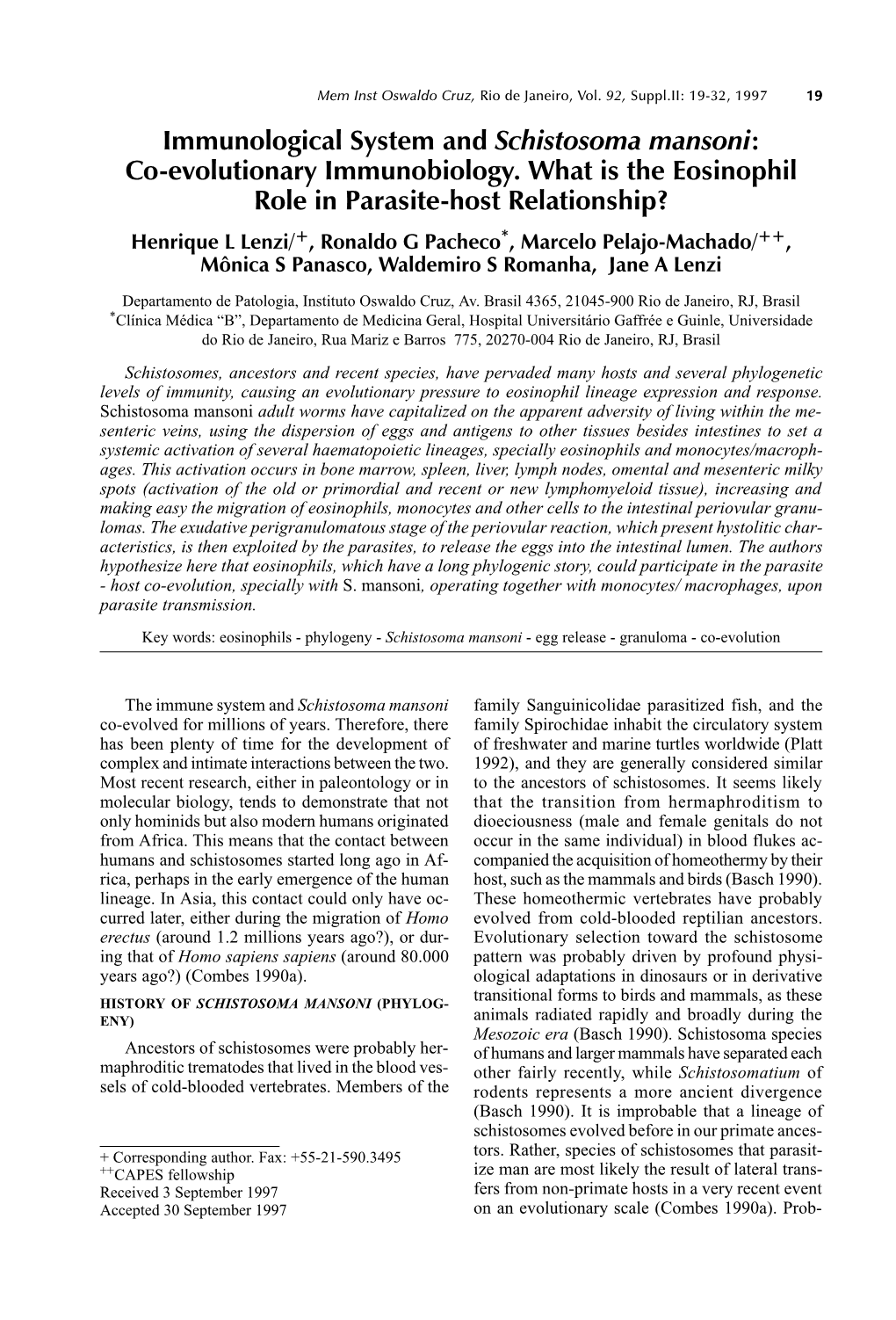 Immunological System and Schistosoma Mansoni: Co-Evolutionary Immunobiology