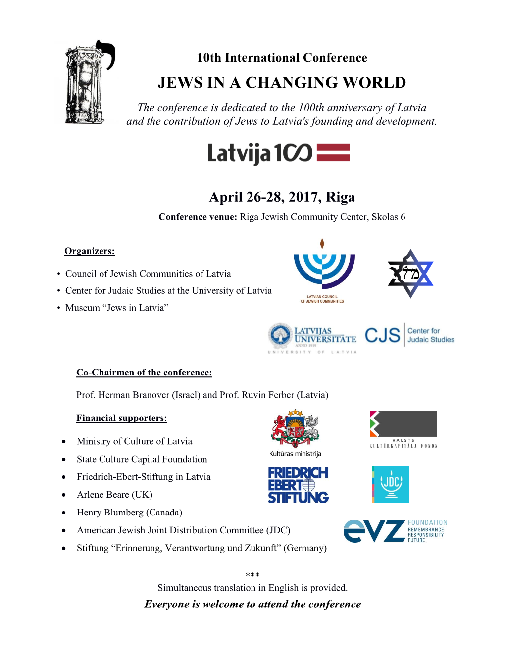 JEWS in a CHANGING WORLD the Conference Is Dedicated to the 100Th Anniversary of Latvia and the Contribution of Jews to Latvia's Founding and Development