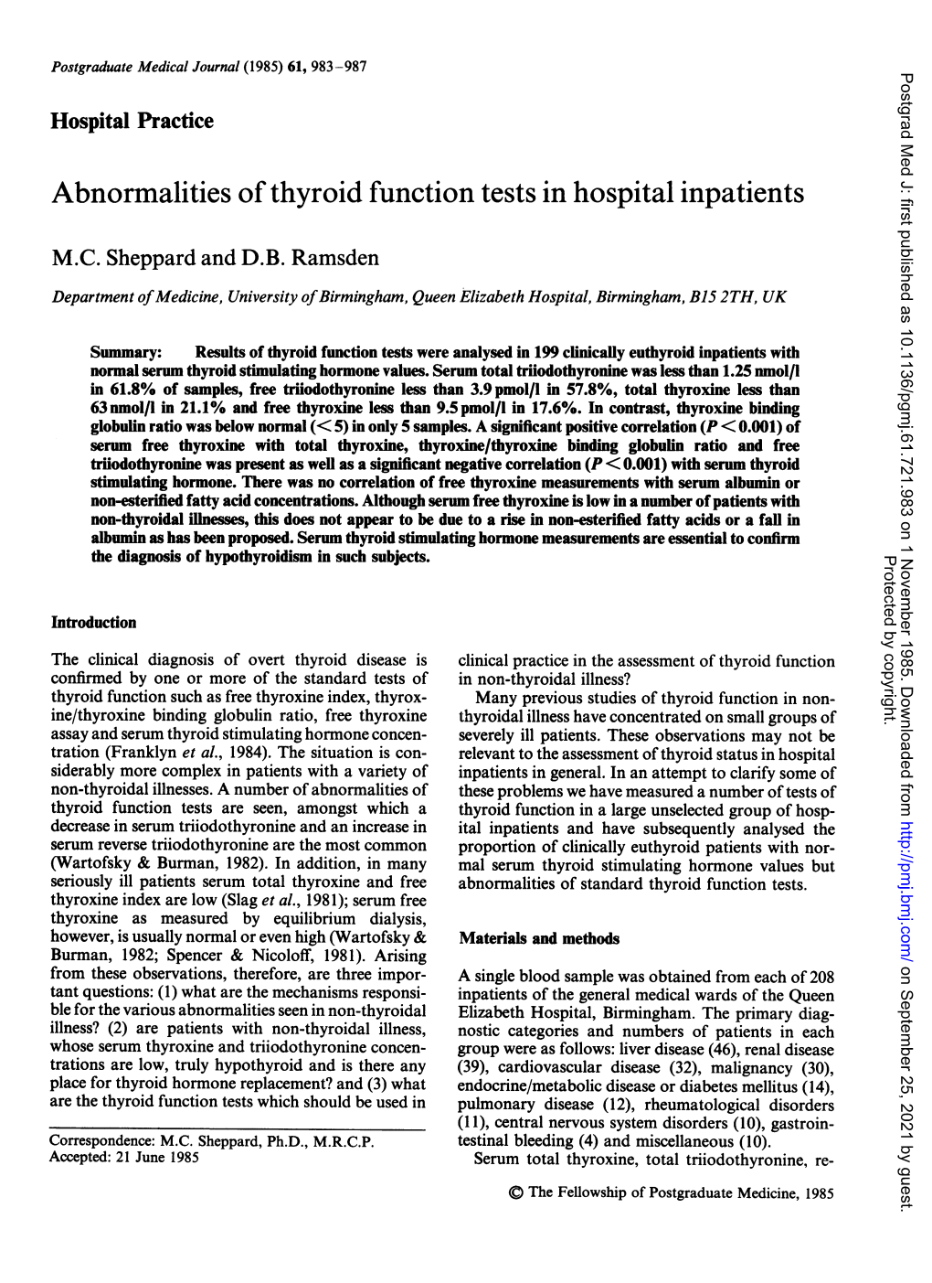 Abnormalities of Thyroid Function Tests in Hospital Inpatients