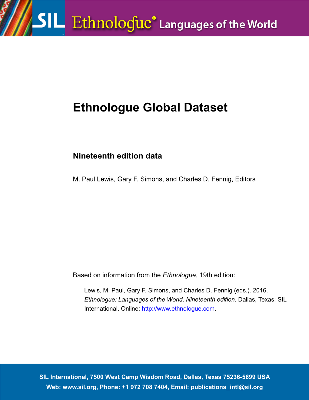 Ethnologue Global Dataset Nineteenth Edition Data