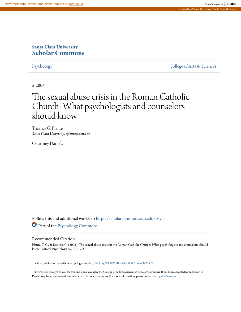 The Sexual Abuse Crisis in the Roman Catholic Church: What Psychologists and Counselors Should Know Thomas G