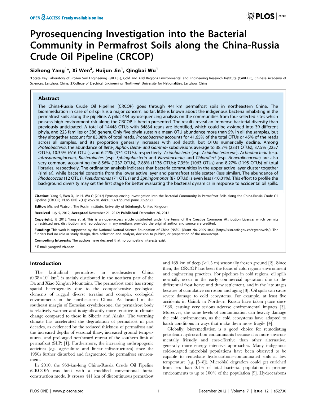 Pyrosequencing Investigation Into the Bacterial Community in Permafrost Soils Along the China-Russia Crude Oil Pipeline (CRCOP)