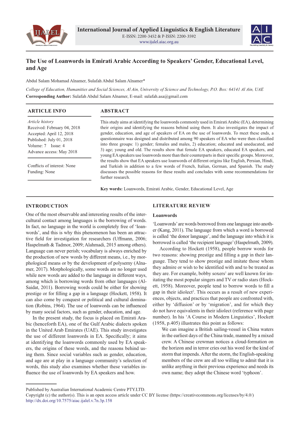 The Use of Loanwords in Emirati Arabic According to Speakers' Gender, Educational Level, and Age International Journal of Appl