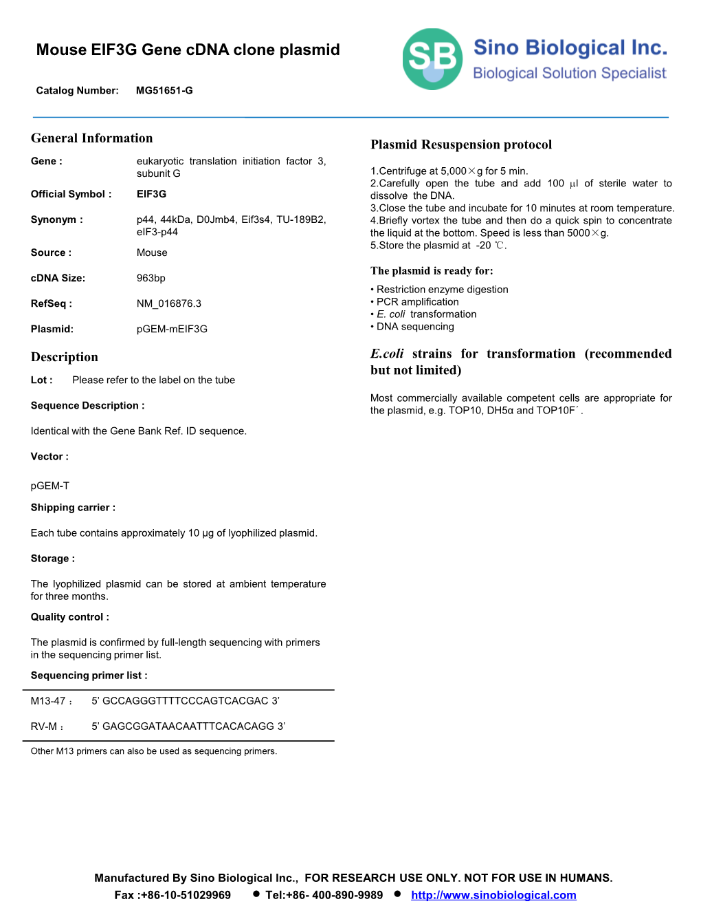 Mouse EIF3G Gene Cdna Clone Plasmid