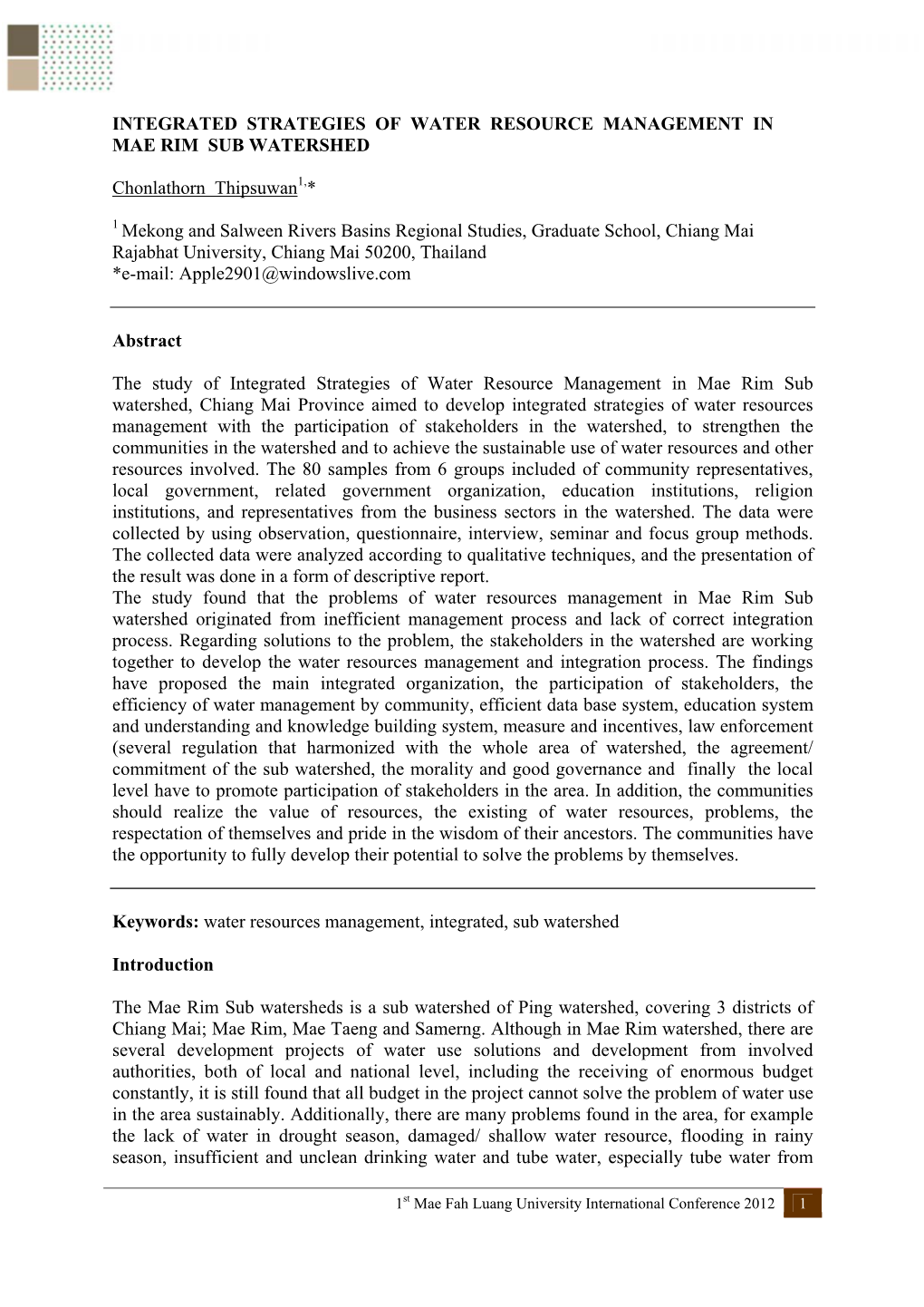 Integrated Strategies of Water Resource Management in Mae Rim Sub Watershed