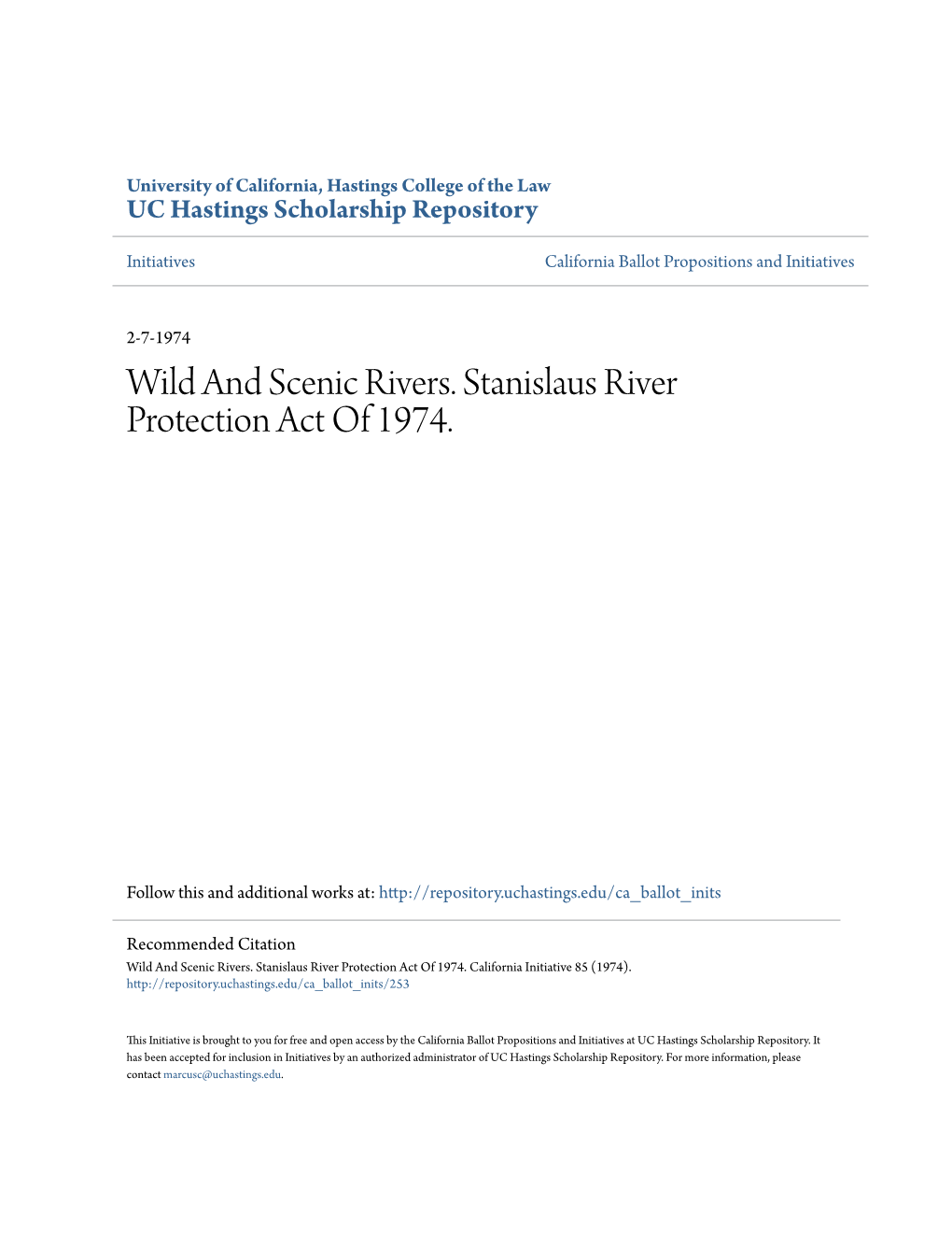 Wild and Scenic Rivers. Stanislaus River Protection Act of 1974