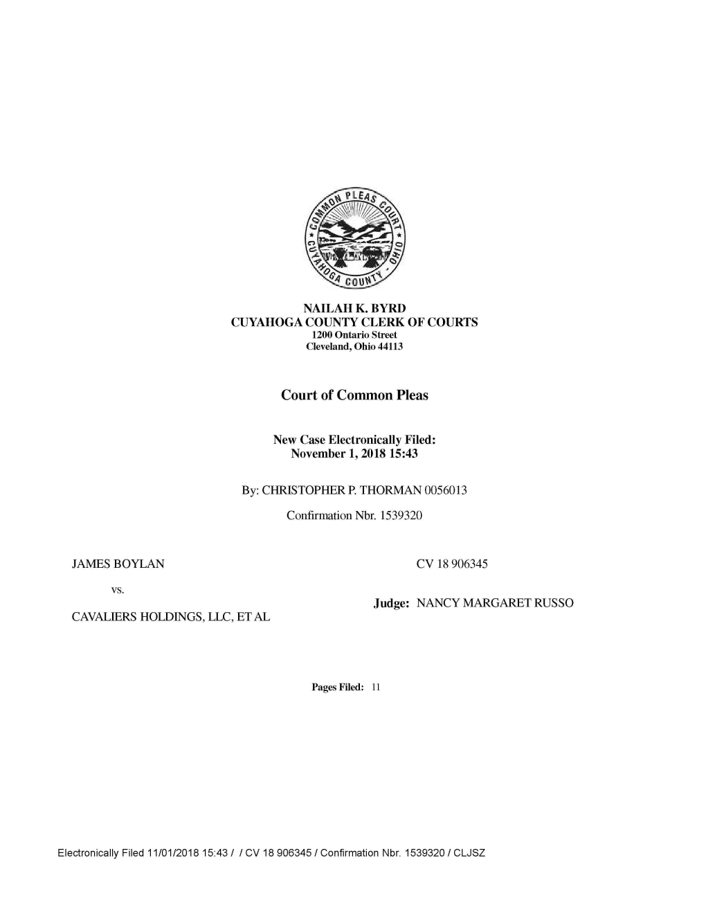 Court of Common Pleas New Case Electronically Filed