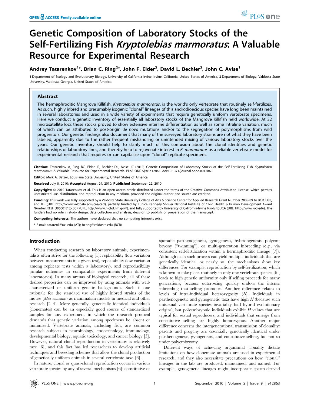 Self-Fertilizing Fish Kryptolebias Marmoratus: a Valuable Resource for Experimental Research