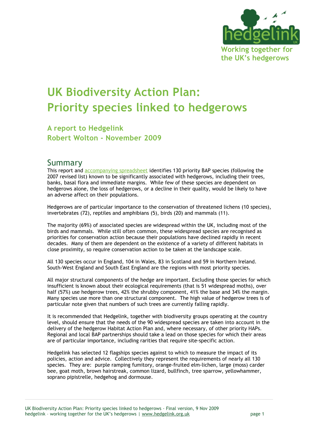 Biodiversity Action Plan Species Linked To Hedgerows